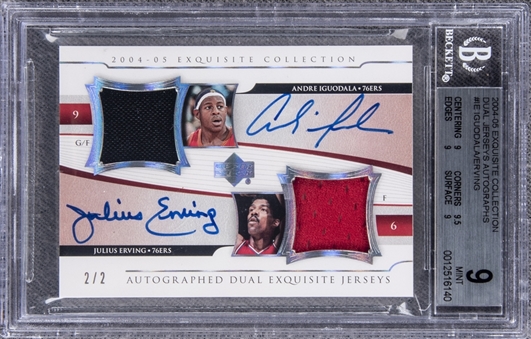 2004-05 UD "Exquisite Collection" Dual Jerseys Autographs #IE Andre Iguodala/Julius Erving Dual Signed Game Used Patch Card (#2/2) – BGS MINT 9/BGS 10 